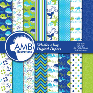 COMBO Whales Clipart and Digital Paper, Nautical Clipart, Animal Babies, Blue Baby Animal, Baby Shower Clipart, Commercial License, AMB-1717