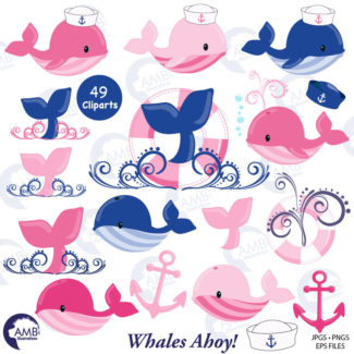 COMBO Whales Clipart and Digital Paper, Nautical Clipart, Animal Babies, Pink Baby Animal, Baby Shower Clipart, Commercial License, AMB-1684