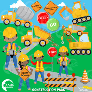 Construction Clipart, Dump Truck, Construction Boy and Girls, African American Clipart, Truck Clipart, Commercial Use, AMB-1049