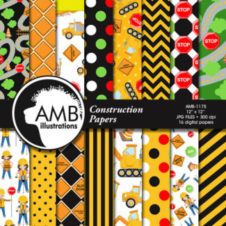Construction Digital Papers, Construction Site Papers, Work Site Pattern, Dump Truck Papers, Commercial Use, AMB-1175