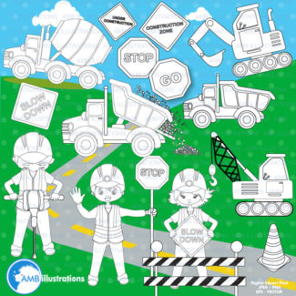 Construction digital stamp, Construction site clipart, coloring page, black and white line, construction kids, digital stamp, AMB-1173