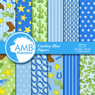 Cowboy digital paper, Cowboys in Blue background, Western theme Scrapbooking papers, The Old West in Blue, commercial use, AMB-185