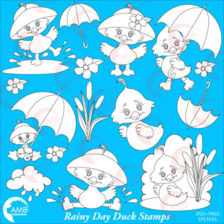 Cute duck Stamps, Rainy day stamps, duck in rain gear digital stamp, Cute little duck stamps, coloring page, black and white line, AMB-1825