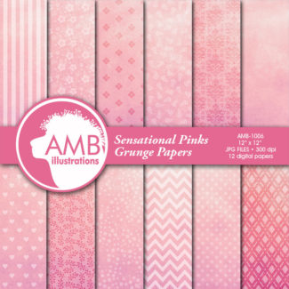 Damask Digital Paper, Grunge Damask Pattern, Shabby Chic Pink Damask, Watercolors scrapbook papers, Commercial Use, AMB-1006
