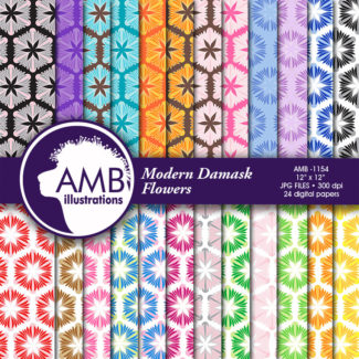 Damask Floral Papers, Damask Digital papers and Backgrounds, Flower Pattern backgrounds, scrapbook papers, commercial use, AMB-1154