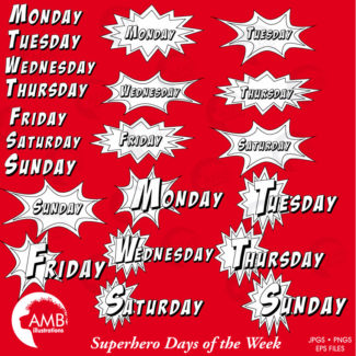 Days of the Week Digital Stamps, Superhero Day Stamps, coloring page, black and white line, Black Line Letters, Back to school, AMB-1092