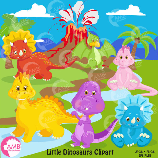 Dinosaur clipart, baby dinosaur,  dinosaur digital clipart, Volcano, background, digital clipart, Commercial Use, AMB-1203