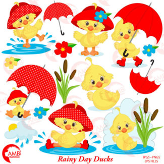 Duck Clipart, Umbrella Clipart, Spring Clipart, April Showers Clipart, Rainy Day clipart, Cute duck clipart, Commercial Use  AMB-1823