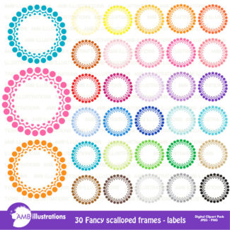 Fancy scalloped frames, round labels, embellishments, scalloped labels, commercial use, digital clip art, AMB-1143