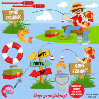 Father's Day clipart, Gone Fishing clipart, Daddy and Me Clipart, Invitation elements, commercial use, vector graphics, AMB-1358