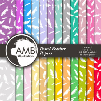 Feather Digital Paper, Pastel Feathers papers, White Feathers on Color Backgrounds, scrapbook papers, commercial use, AMB-987