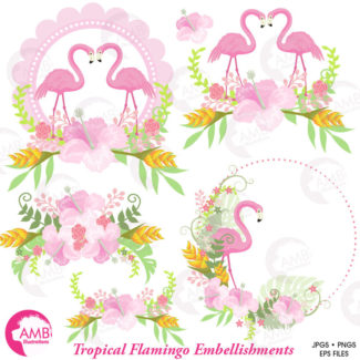 Flamingo Clipart, Pink Flamingo Clipart, Tropical Clipart, Floral Clipart, Exotic Clipart, Summer Clipart, Commercial Use, AMB-1047