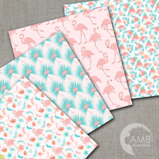 Flamingo Digital Papers, Floral Digital Papers, Pink Flamingos, Shabby Chic, Tropical Scrapbook Papers and Backgrounds, AMB-1045