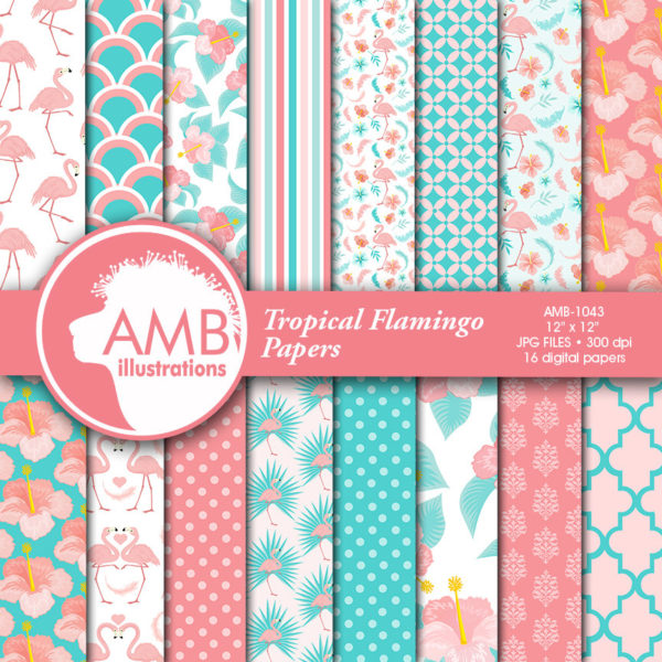 Flamingo Digital Papers, Floral Digital patterns, Shabby chic papers, Tropical Hibiscus Papers, Pink Flamingo Backgrounds, AMB-1043