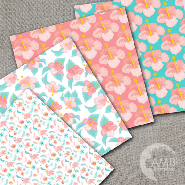 Flamingo Digital Papers, Floral Digital patterns, Shabby chic papers, Tropical Hibiscus Papers, Pink Flamingo Backgrounds, AMB-1043