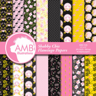 Flamingo Digital Papers, Sophisticated Floral Papers, Shabby chic papers, Tropical Floral Digital Backgrounds, AMB-1426