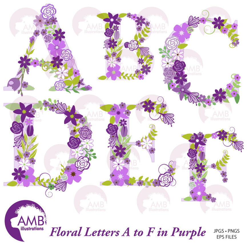Floral Alphabet Clipart, Shabby Chic Alphabet, Purple Floral letters ...