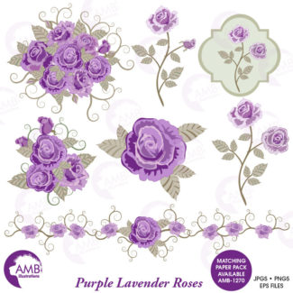 Floral clipart, Wedding clipart, shabby chic, Purple Roses clipart, Bridal Shower, Flower Embellishments, commercial use, AMB-1030