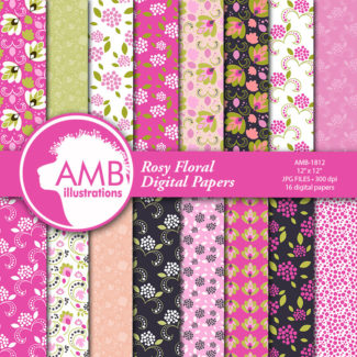 Rose Floral Pink Papers Pink Shabby chic papers, vintage flowers, pink floral digital papers, pink floral pattern, country chic, AMB-1812