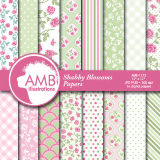 Floral digital papers, Roses Digital Papers, Shabby Chic papers, mint Greens and Pink, scrapbook papers, commercial use AMB-1272