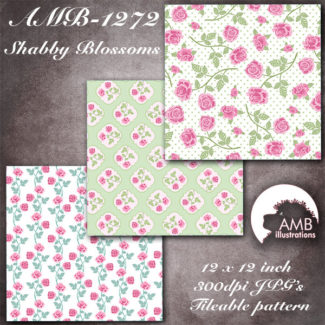Floral digital papers, Roses Digital Papers, Shabby Chic papers, mint Greens and Pink, scrapbook papers, commercial use AMB-1272