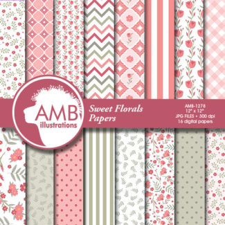 Floral Digital Papers, Shabby chic papers, wedding paper, Floral papers, colors, floral scrapbook papers, commercial use, AMB-1278