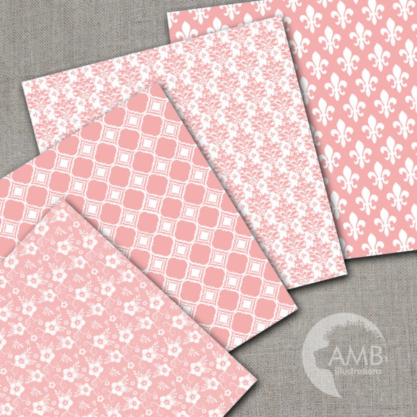 Floral Digital Papers, Shabby Chic Pink papers, Wedding Digital papers, Floral scrapbook papers, papers in Pink Lace, AMB-1019