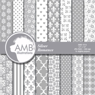 Floral Digital Papers, Shabby chic Silver papers, Wedding Digital papers, Floral scrapbook papers, Digital Backgrounds, AMB-1016