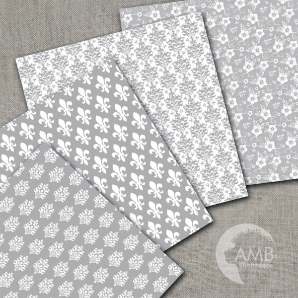 Floral Digital Papers, Shabby chic Silver papers, Wedding Digital papers, Floral scrapbook papers, Digital Backgrounds, AMB-1016