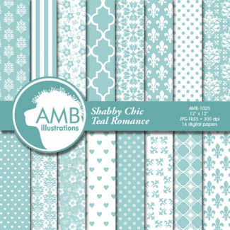Floral Digital Papers, Shabby Chic Teal papers, Wedding Digital papers, Floral scrapbook papers, Teal papers, Lace, AMB-1025