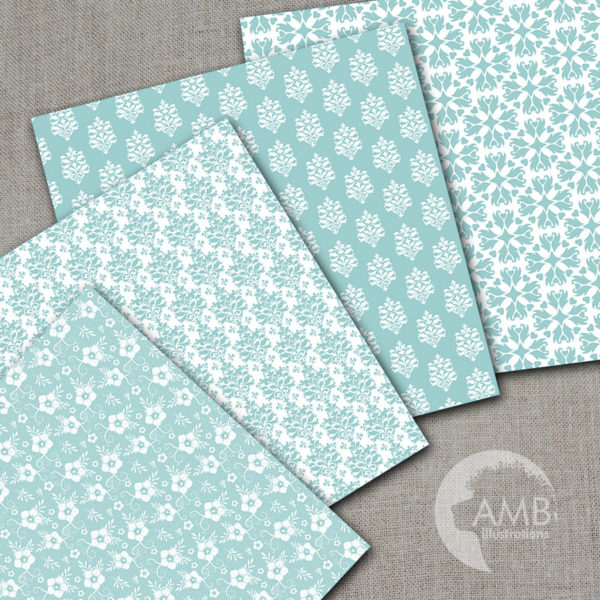 Floral Digital Papers, Shabby Chic Teal papers, Wedding Digital papers, Floral scrapbook papers, Teal papers, Lace, AMB-1025