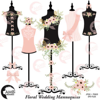 Floral dress, Wedding dress, Floral dress forms,  floral mannequin clipart, lingerie clipart, commercial use, AMB-1008