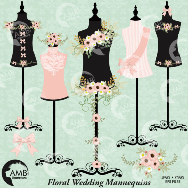 Floral dress, Wedding dress, Floral dress forms,  floral mannequin clipart, lingerie clipart, commercial use, AMB-1008