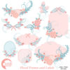 Floral frames and tags clipart, Wedding frames clipart, shabby chic Pink and Teal tones, labels commercial use, AMB -1442
