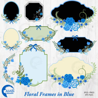 Floral Frames and Tags Clipart, Wedding Frames in Blue Clipart, Floral labels Clipart, Commercial Use, Instant Download, AMB-863