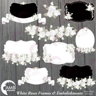 Floral Frames Clipart, White Roses Clipart, Shabby Chic Wedding Frames, Floral Embellishments Clip Art, Commercial Use, AMB-1114