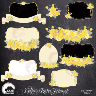 Floral frames, yellow roses clipart, Wedding frames, tags, clipart, shabby chic,  labels commercial use, digital clip art, AMB-1114