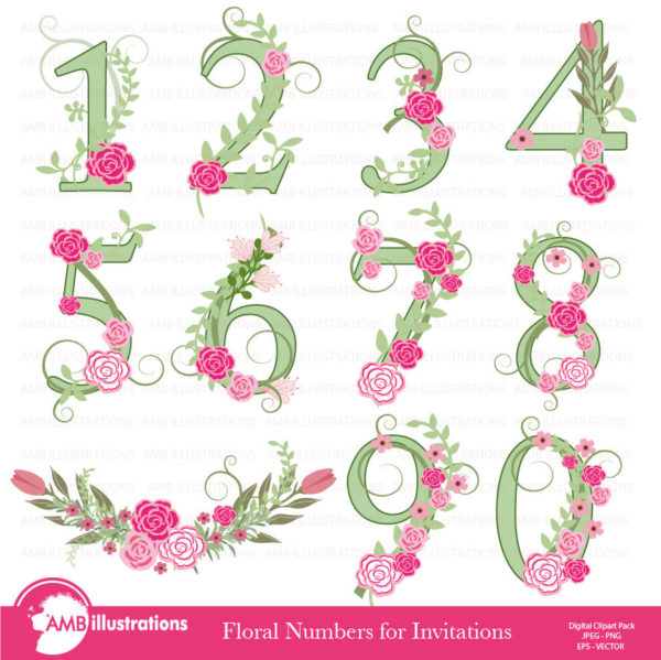 Floral Numbers clipart, Numerical clipart, Floral clipart, clipart, commercial use, digital clip art, AMB-870