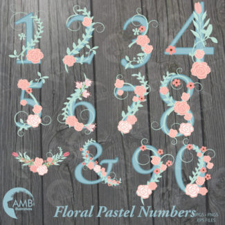 Floral Numbers Clipart, Teal Numbers Clipart, Pink and Turquoise Pastel Floral Numbers 0 to 9, Commercial Use, AMB-1440