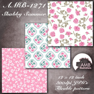 Floral papers, Roses Digital Papers, Shabby Chic papers, Pinks and Greens, scrapbook papers, digital paper, commercial use, AMB-1271