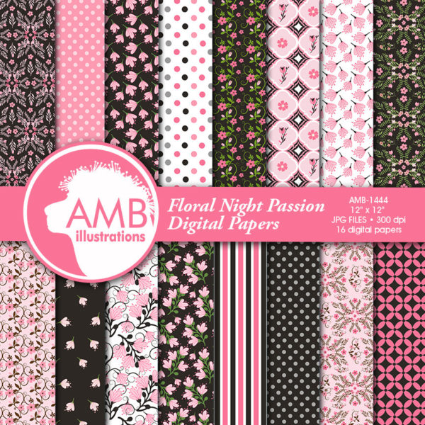 Floral papers, Shabby Chic Papers, Pink and Black Florals, scrapbook papers, digital paper, commercial use, AMB-1444