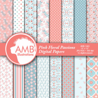 Floral papers, Shabby Chic Papers, Pink and Teal Florals, scrapbook papers, digital paper, commercial use, AMB-1443