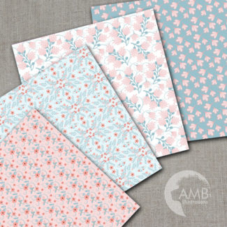 Floral papers, Shabby Chic Papers, Pink and Teal Florals, scrapbook papers, digital paper, commercial use, AMB-1443