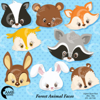 Forest Animals clipart, Forest critters clipart, Forest animal clip art, forest animal faces clipart, commercial-use, AMB-276