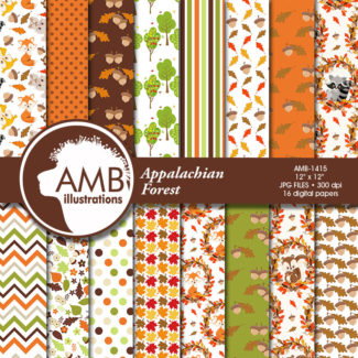 Forest Digital Papers, Animal Papers, Autumn Leaves Paper, Harvest Backgrounds, Commercial Use, AMB-1415