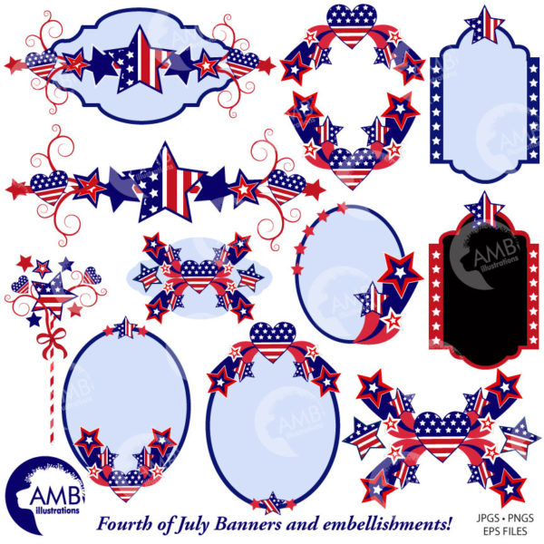Fourth of July clipart, Banners, Embellishments, Independence Day Clipart, 4th of July Clipart, American, Commercial Use, AMB-922