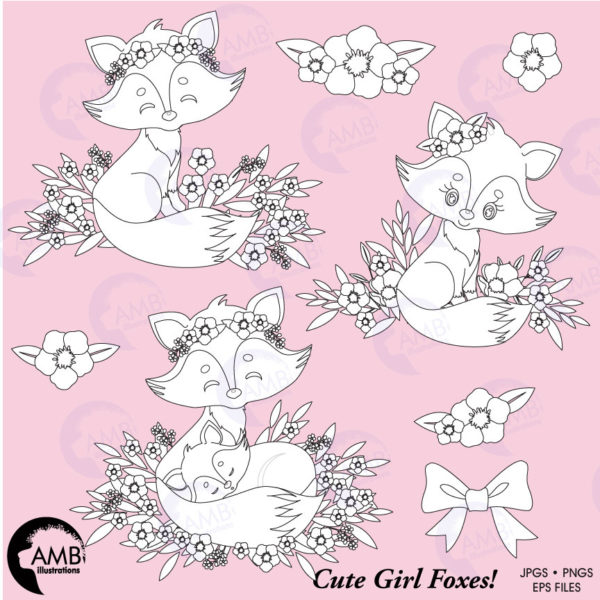 Foxes Digital stamp, Girl Foxes digi stamps, Foxes with flowers black outline, coloring page, black and white line, digital stamp, AMB-1425