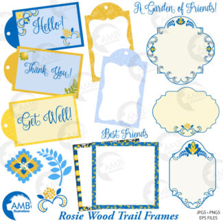 Frames and Tags in blues and yellows, scrapbooking Frames Clipart, Washi tape, Words, Cardmaking Frames and Labels, Commercial Use, AMB-1811
