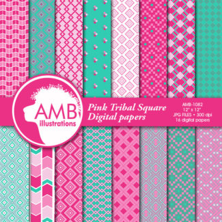 Geometric digital papers, Geometric Patterns, Pink chevrons, diamonds, stripes papers, commercial use, instant download, AMB-1082
