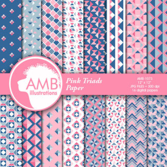 Geometric digital papers, Pink and Blue Triangle papers, Diamond and triads pattern Geometric Backgrounds, Commercial Use,  AMB-1073